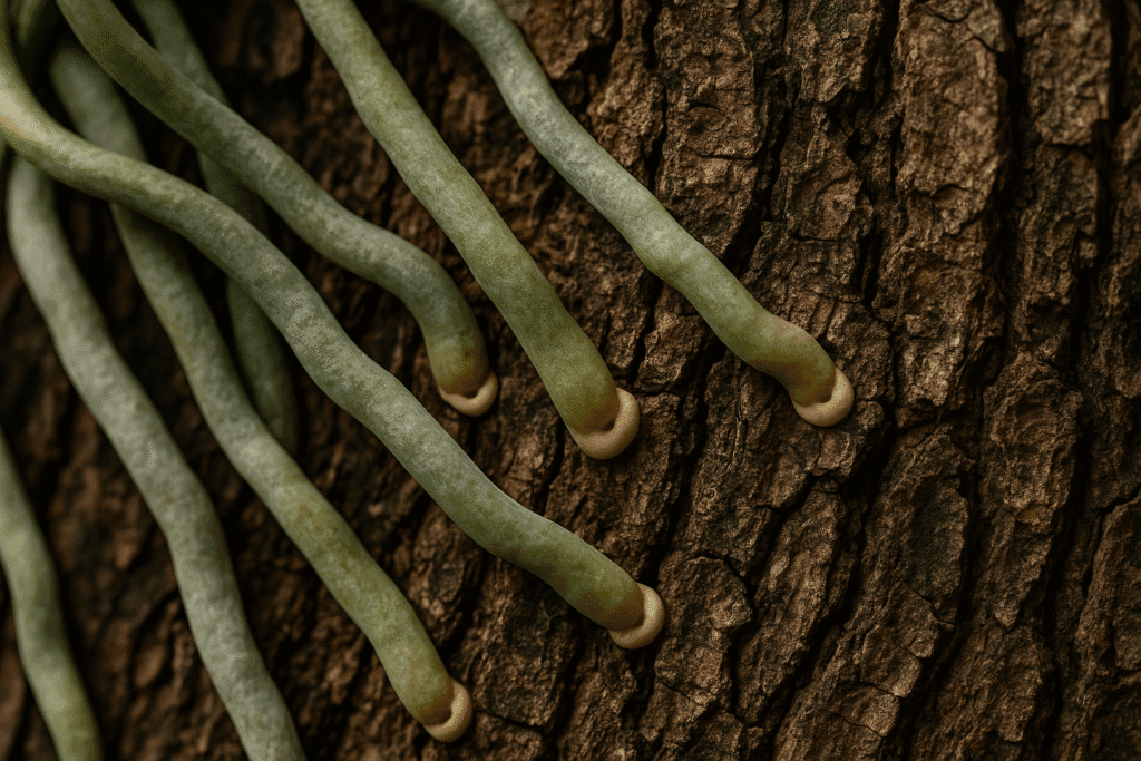 Detalhe crucial para o sucesso das orquídeas em troncos: raízes encontrando perfeita ancoragem e microclima na textura rica de um tronco ideal.