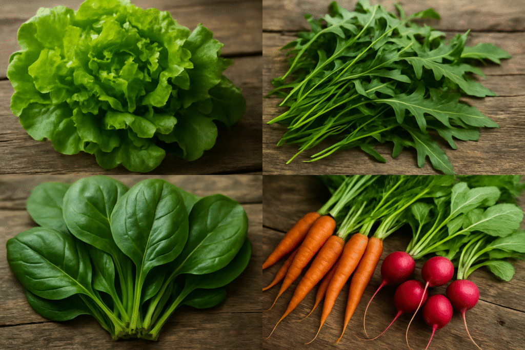 Alface, rúcula, espinafre, cenoura baby e rabanete são excelentes hortaliças para se cultivar em ambientes com muita luz solar.