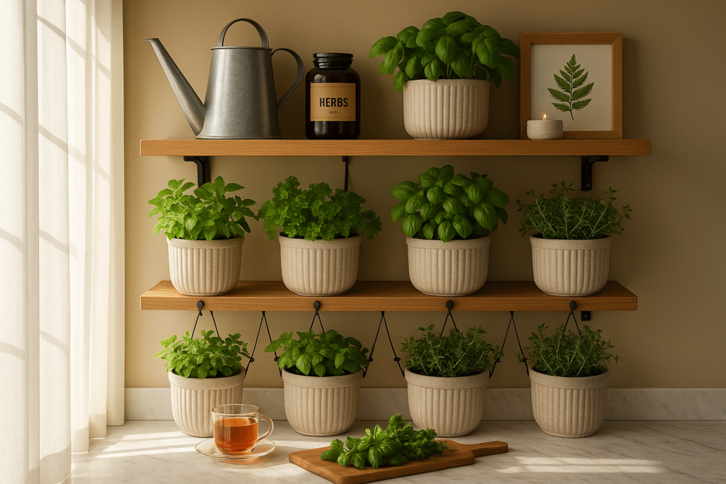 Cachepôs decorativos melhoram o visual e protegem a superfície da horta.