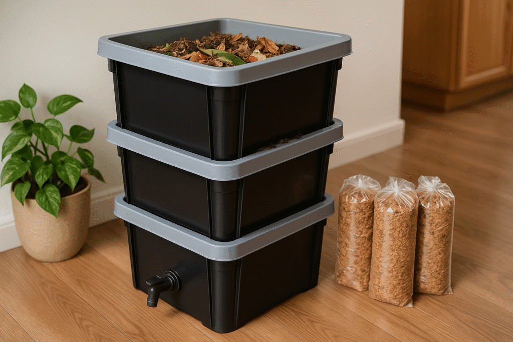 As caixas de compostagem além de serem baratas, são práticas e facilmente vedáveis, o que permite a sua instalação até mesmo em apartamento menores.