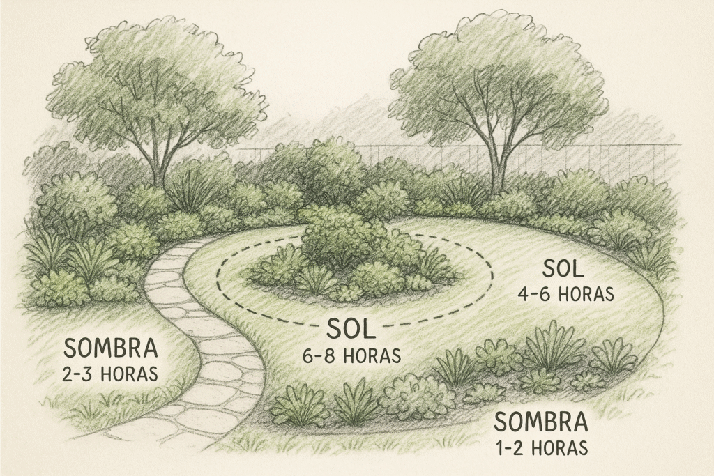 Mapear a incidência solar no terreno é um passo fundamental no planejamento do seu jardim sustentável.
