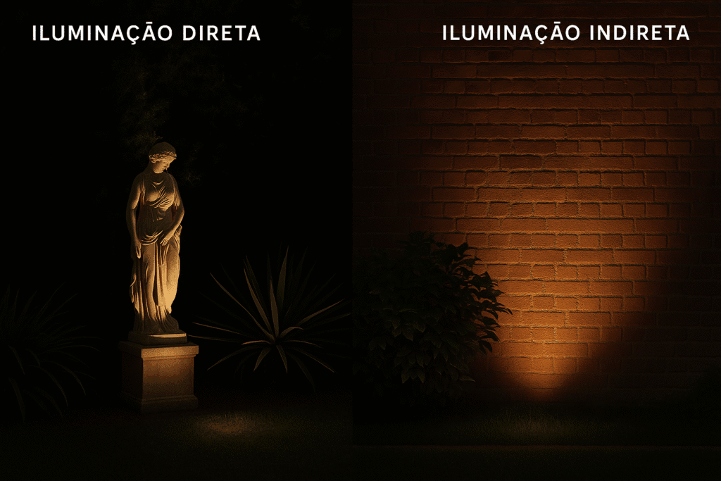 Exemplo a esquerda de iluminação direta sob um objeto. A direita, exemplo de iluminação indireta sob uma parede.