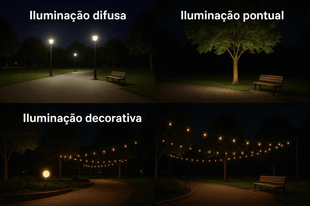 Os diferentes contrastes da iluminação difusa, pontual e decorativa, ambas com possibilidades diferentes para serem implementadas na iluminação para jardim.