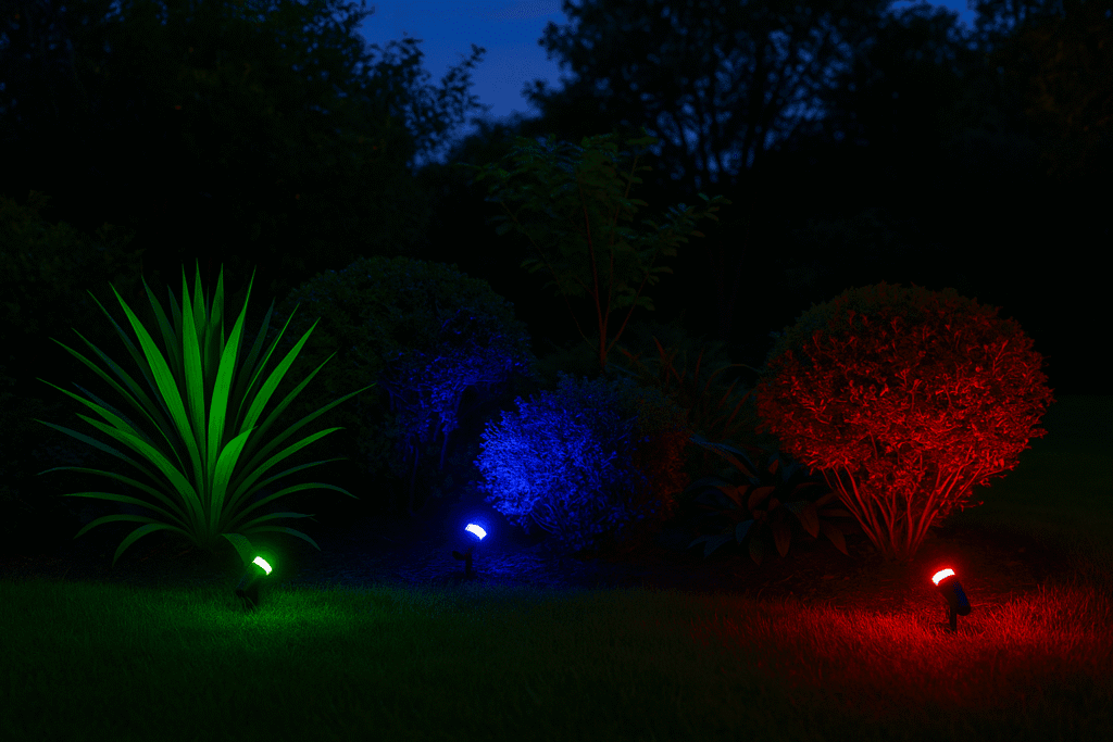A iluminação com luzes RGB são uma alternativa para trazer um ar de modernidade ao jardim.
