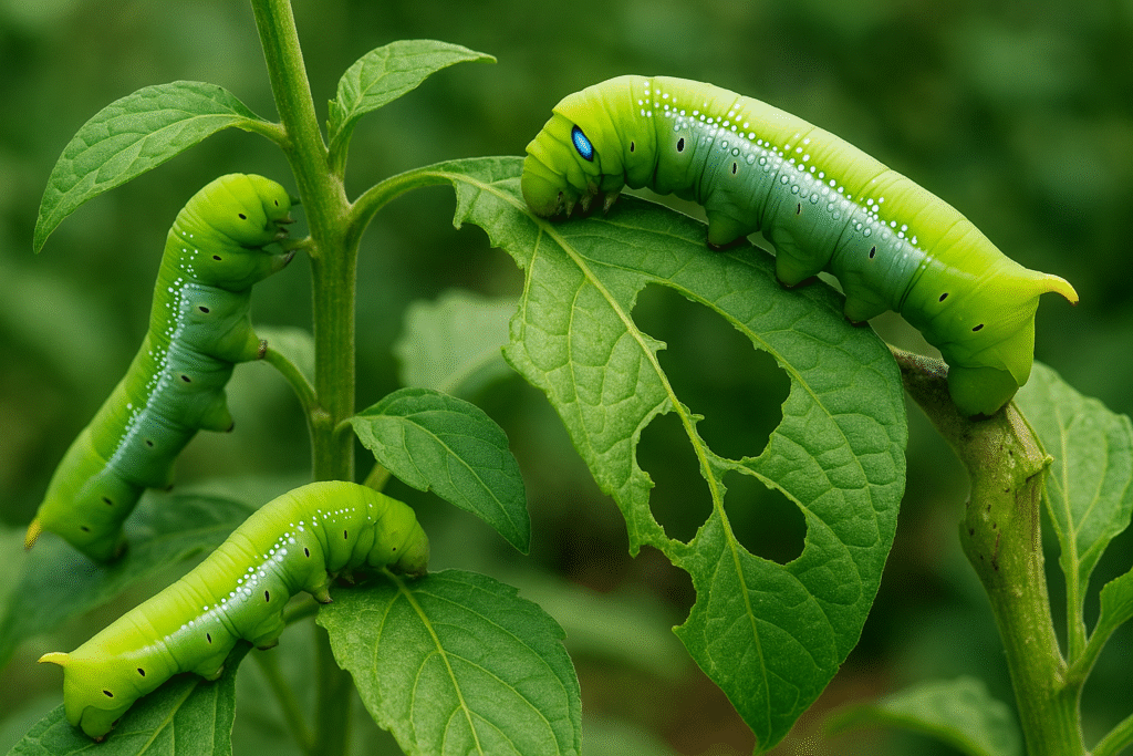 Lagartas são larvas vorazes que atacam à noite, devorando folhas e até perfurando frutos e caules.