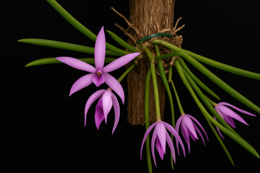 Leptotes bicolor exibindo sua beleza delicada, perfeita para arranjos sutis de orquídeas em troncos.