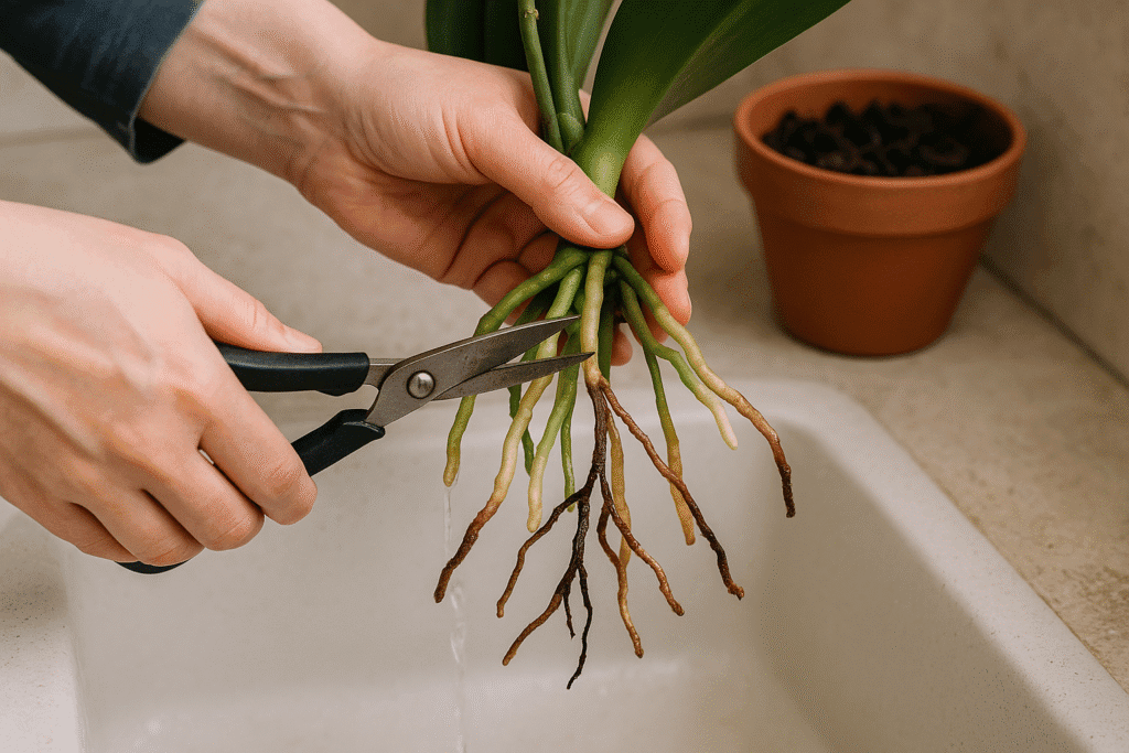 A limpeza das raízes da orquídea é importante para evitar problemas no arranjo quando for plantada no tronco.