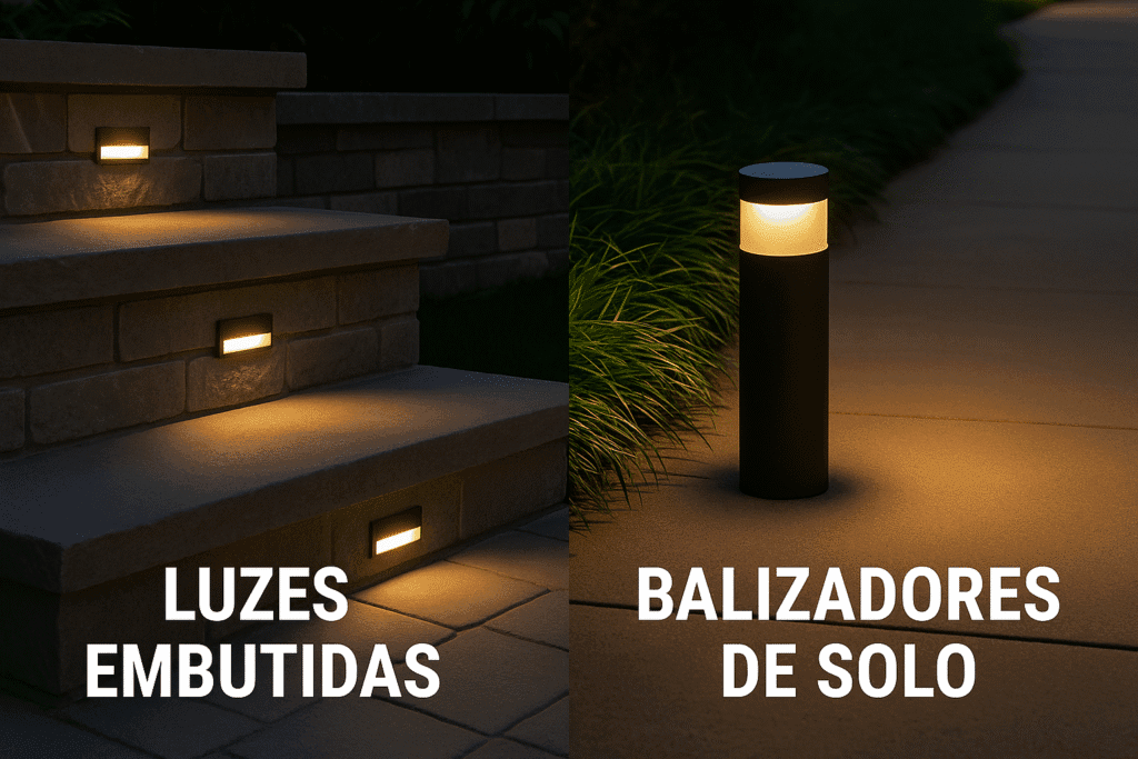 As luzes embutidas e balizadores de solo pode ser consideradas excelentes opções para iluminar as trilhas do seu jardim.
