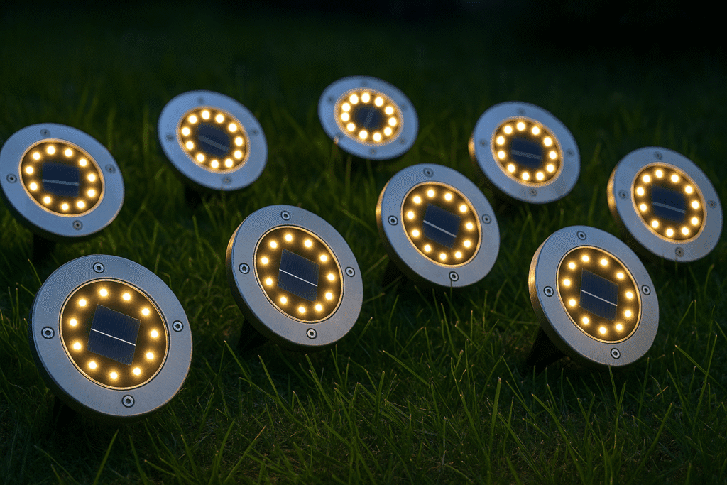 As luminárias LED solares são práticas, podendo ser fixadas diretamente sob a terra do seu jardim.