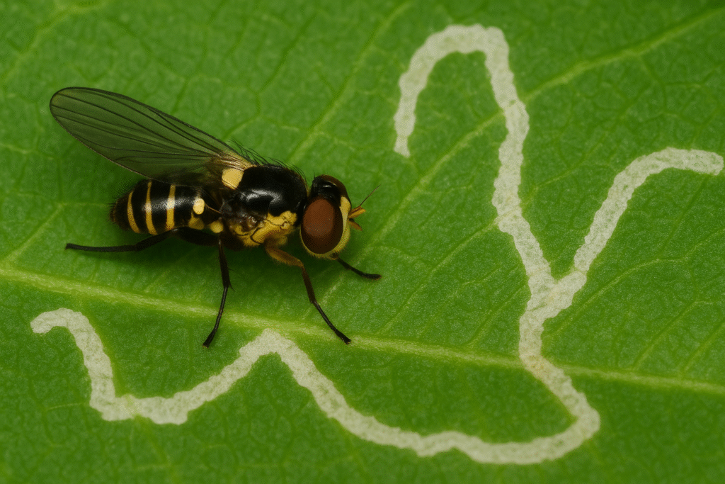 Mosca-minadora: suas larvas escavam túneis esbranquiçados nas folhas, comprometendo a fotossíntese e facilitando a entrada de fungos. Ação rápida evita danos maiores. Como eliminar pragas na horta