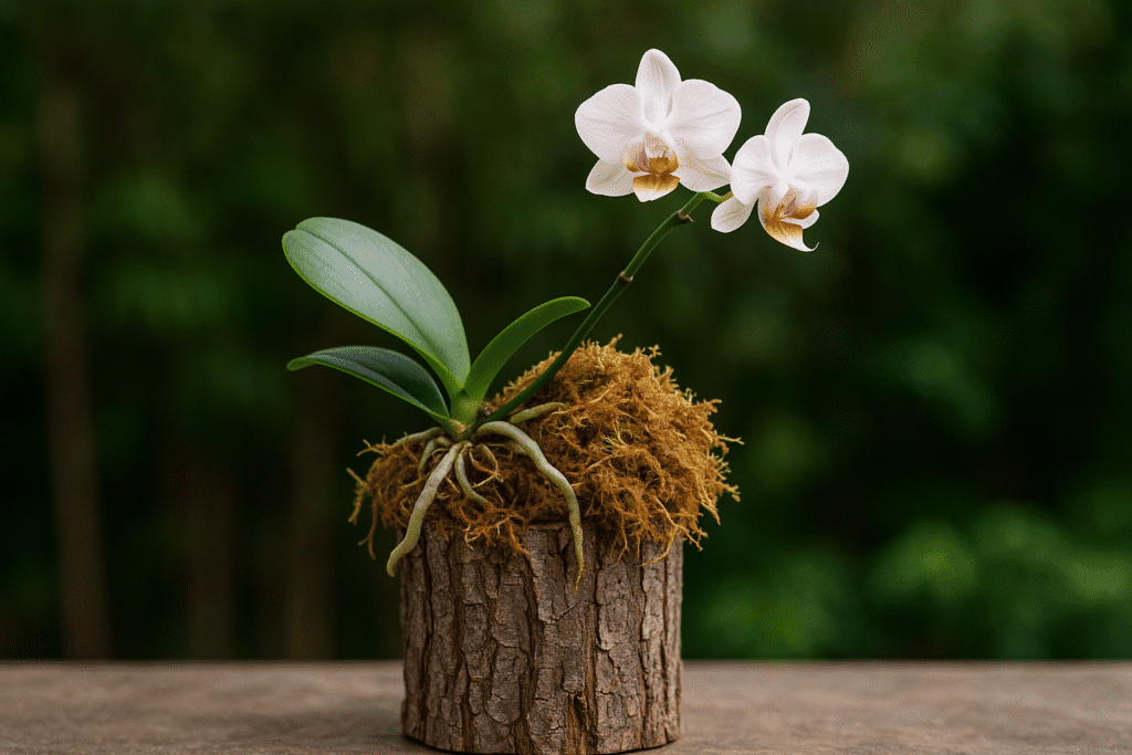 O musgo esfagno ajuda a prevenir o umedecimento e esmagamento das raízes da orquídea quando for fixada no tronco.