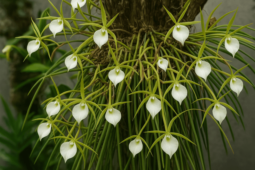 A perfumada Brassavola nodosa, outra excelente adição para coleções de orquídeas em troncos, conhecida por sua rusticidade e floração noturna.