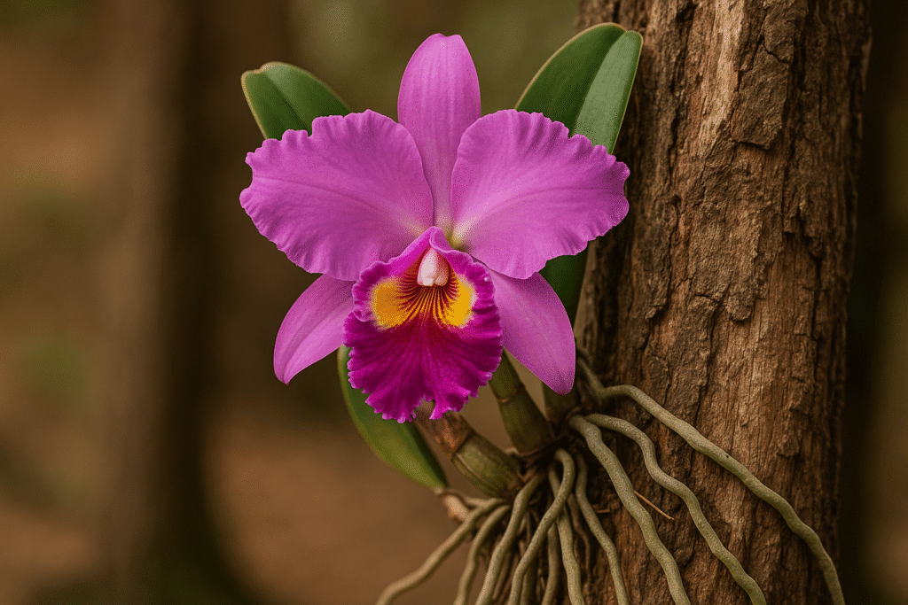 A majestosa Cattleya demonstrando sua perfeita adaptação como uma das mais belas orquídeas em troncos, exibindo raízes saudáveis e flores exuberantes.