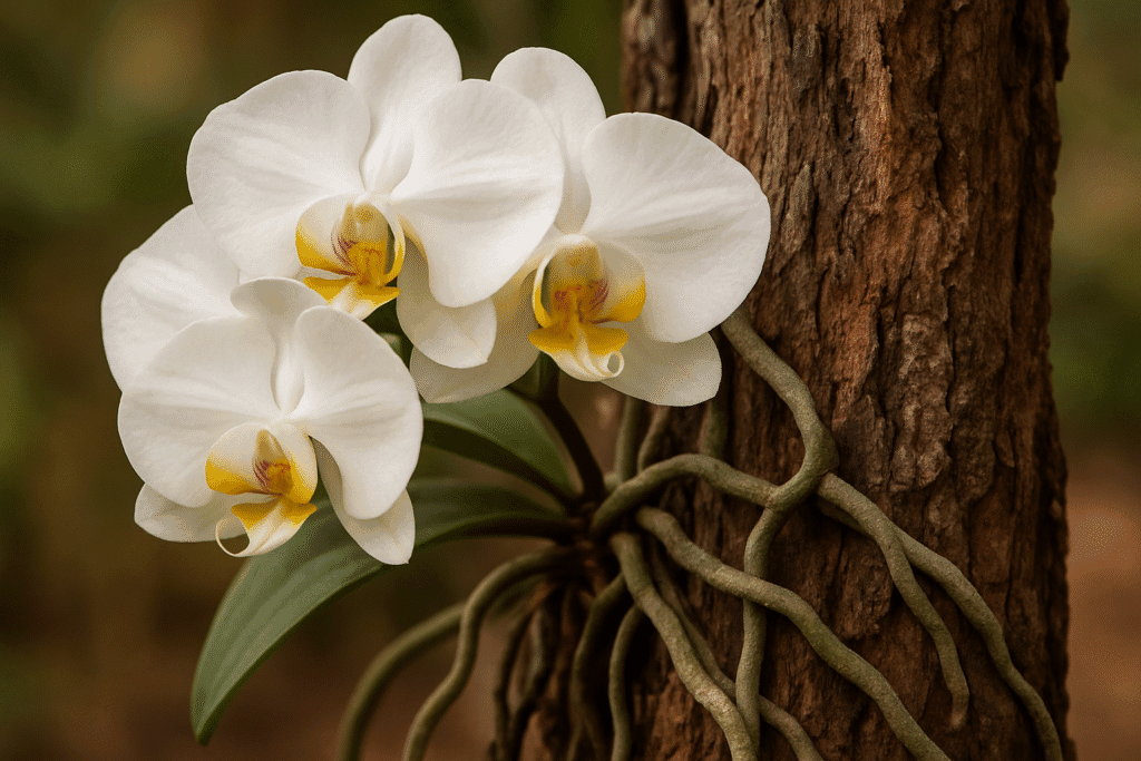 A elegância natural das orquídeas em troncos, com raízes expostas e flores vibrantes.