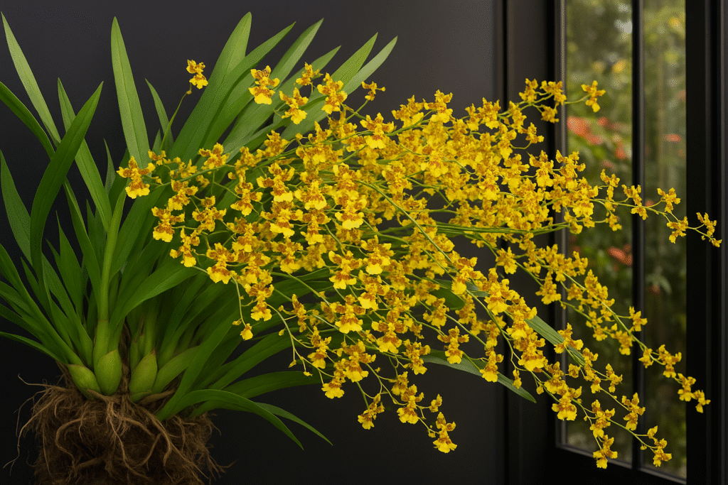 A graciosa "chuva-de-ouro", a oncidium mostrando como suas inflorescências se destacam quando cultivada como uma das vibrantes orquídeas.