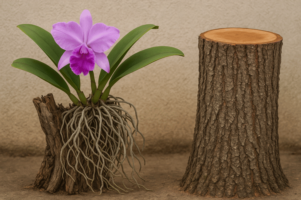 Transferindo uma orquídea vigorosa para um novo tronco maior, garantindo espaço para o crescimento contínuo da suas raízes.