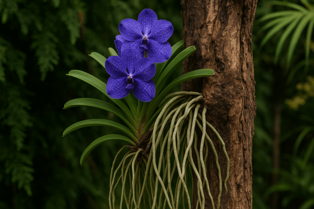 A Vanda é uma escolha perfeita para quem busca orquídeas em troncos com raízes livres e uma floração vibrante.