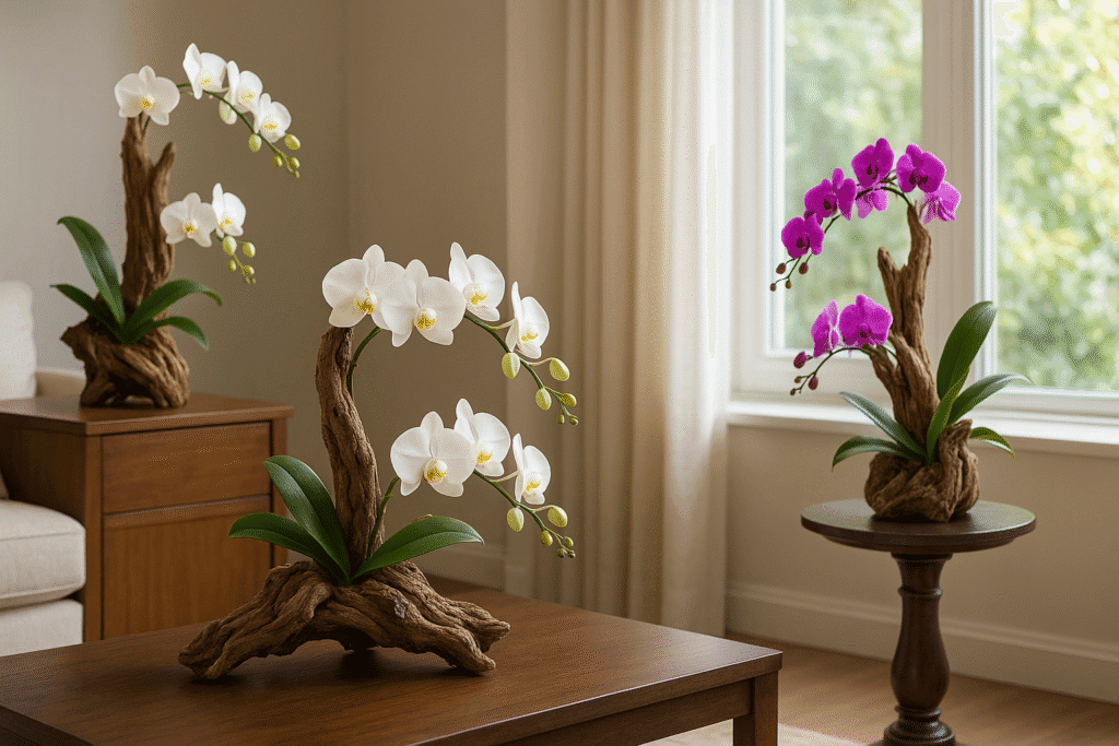 Essa é uma forma sofisticada de trazer a beleza orgânica das orquídeas em troncos para dentro de casa.
