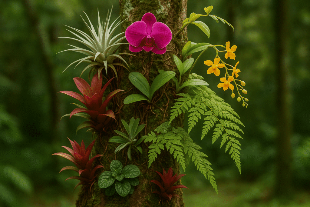 Um ecossistema vibrante em um único tronco: a combinação harmoniosa de orquídeas em troncos com outras epífitas, como bromélias e samambaias.