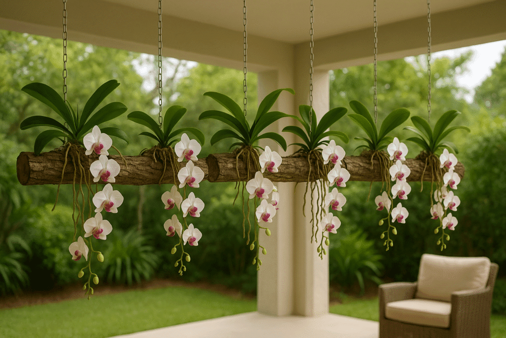 As orquídeas em troncos suspensas criam um ponto focal interessante e permitem que as raízes cresçam livremente, adicionando um toque etéreo ao ambiente.