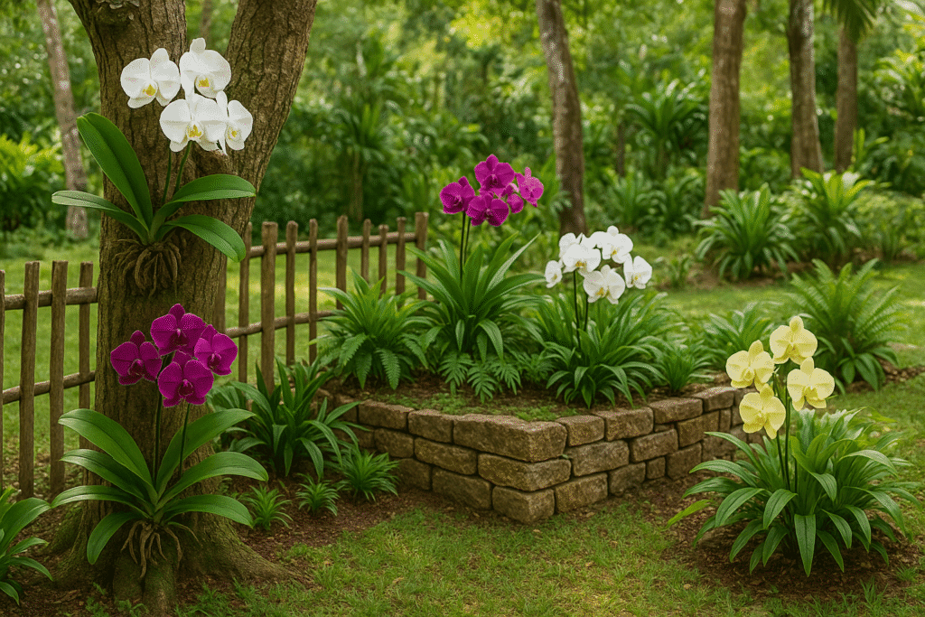 Ao integrar orquídeas em troncos ao paisagismo, você recria um pedacinho da floresta tropical no seu quintal.