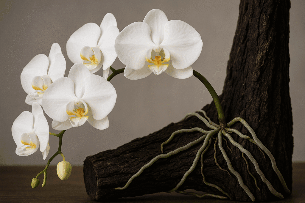 Delicadeza e adaptabilidade: a Phalaenopsis prospera como uma elegante opção entre as orquídeas em troncos, com suas raízes fotossintetizantes bem visíveis