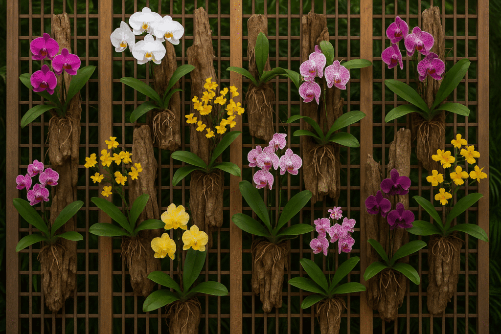 Painel vertical com orquídeas em tronco contendo diversas espécies.