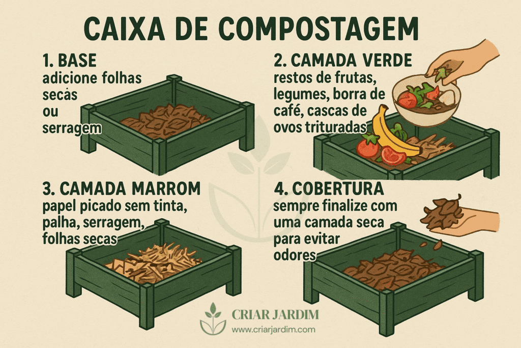 Ilustração passo a passo para montagem das camadas da caixa de compostagem.