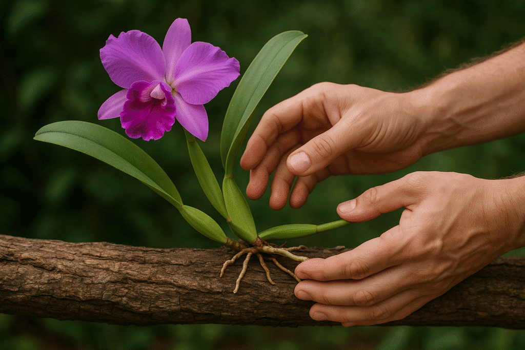 O posicionamento estratégico da orquídea no tronco, respeitando seu padrão de crescimento é fundamental para a preservação da saúde da planta.