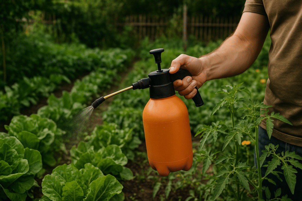 Pulverização de defensivos naturais na horta.