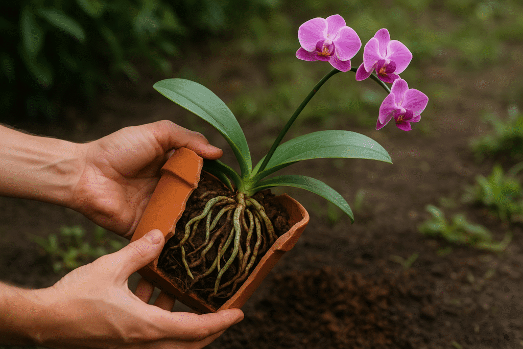 Remover a orquídea do vaso é uma tarefa que exige atenção e delicadeza para não danificar as raízes.