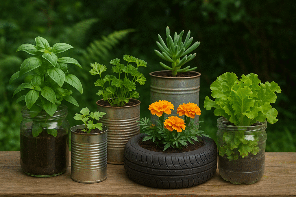 Um jardim sustentável também dispõe de alternativas ecológicas que reaproveitam recipientes, transformando-os em vasos para plantas.
