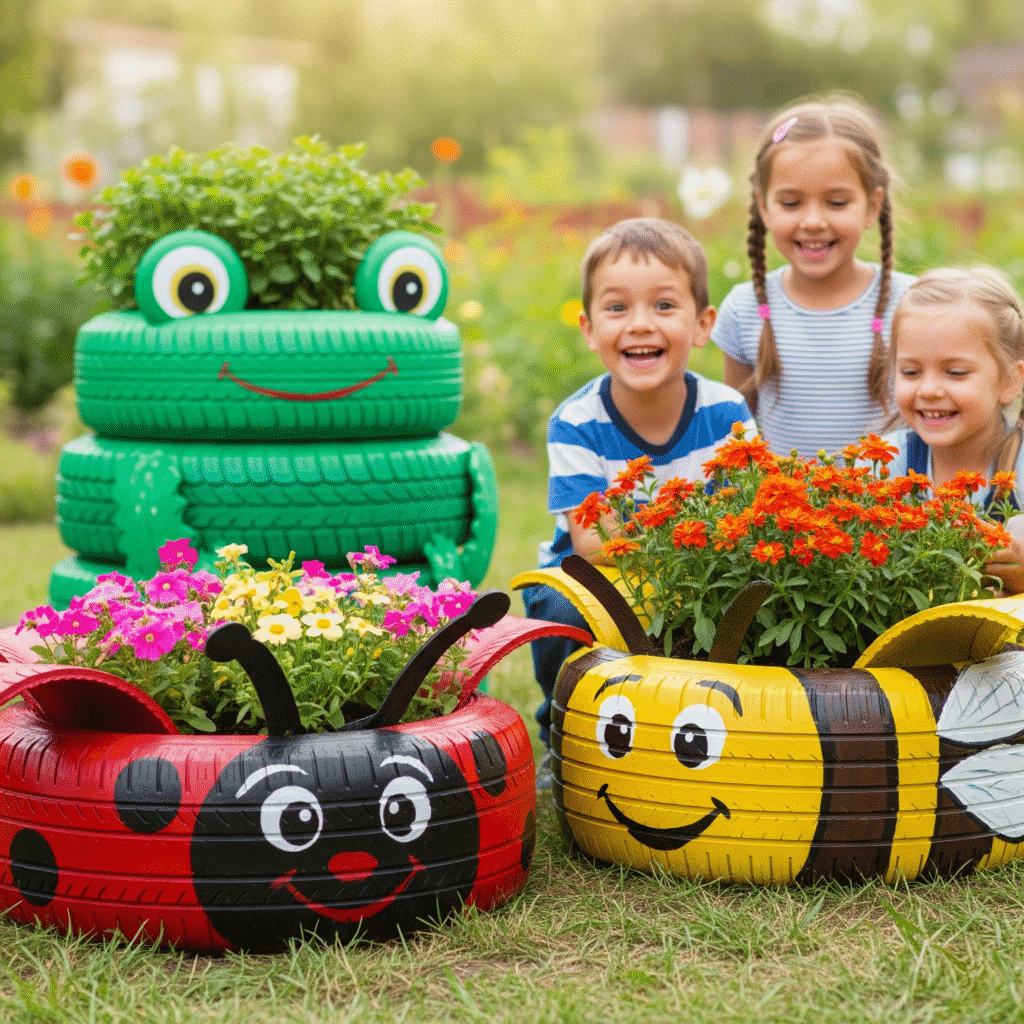 Um jardim com pneus também pode ser algo atrativo para crianças, permitindo que elas participem ativamente do cuidado com as plantas.