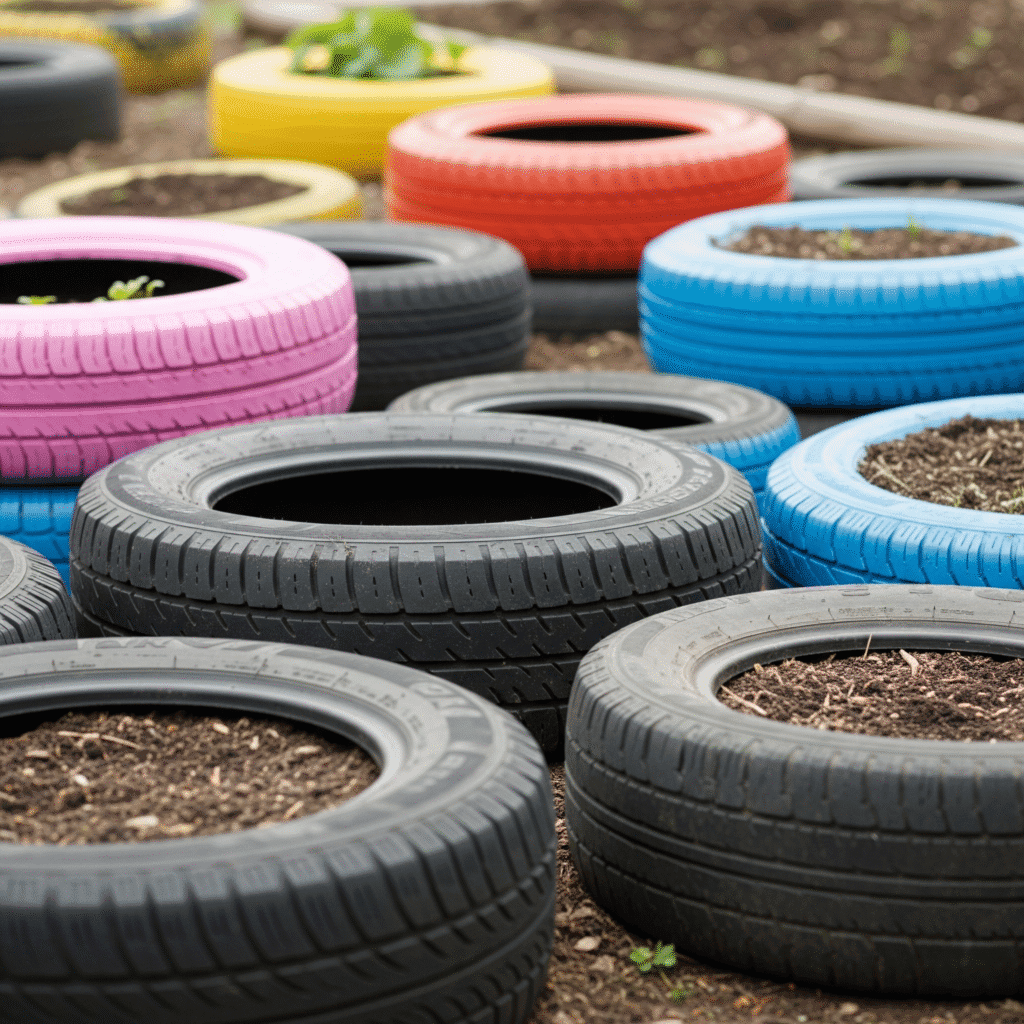 A durabilidade e versatilidade dos pneus os tornam ideais para um jardim com pneus criativo e resistente.