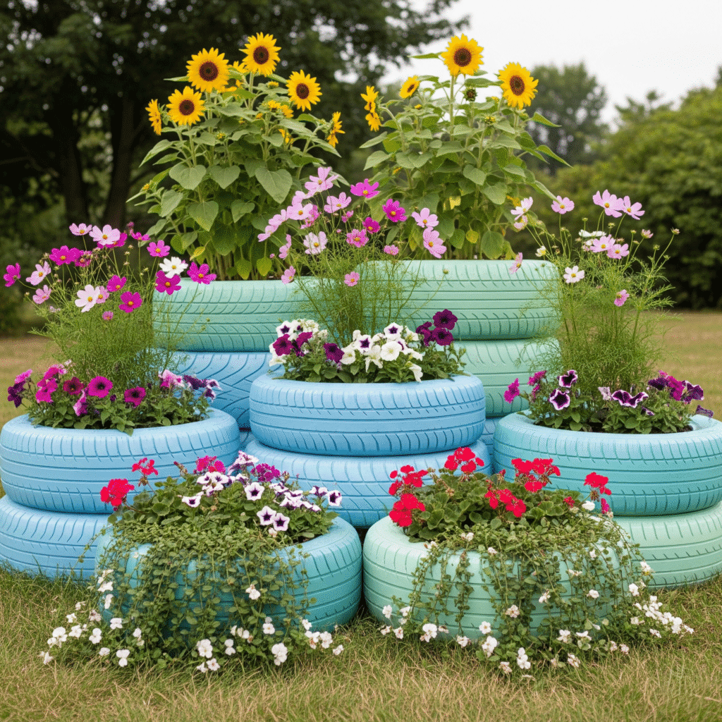 A disposição criativa dos elementos pode transformar um simples conjunto de pneus plantados em um ponto focal atraente e funcional, tornando seu jardim com pneus verdadeiramente único.