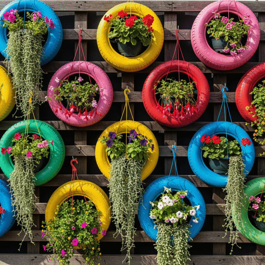 Otimize seu espaço com um charmoso jardim com pneus vertical, perfeito para varandas e pequenas áreas.