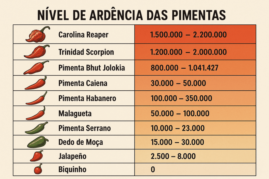 Ilustração da Escala Scoville, demonstrando o nível de ardência de algumas pimentas bastante conhecidas.