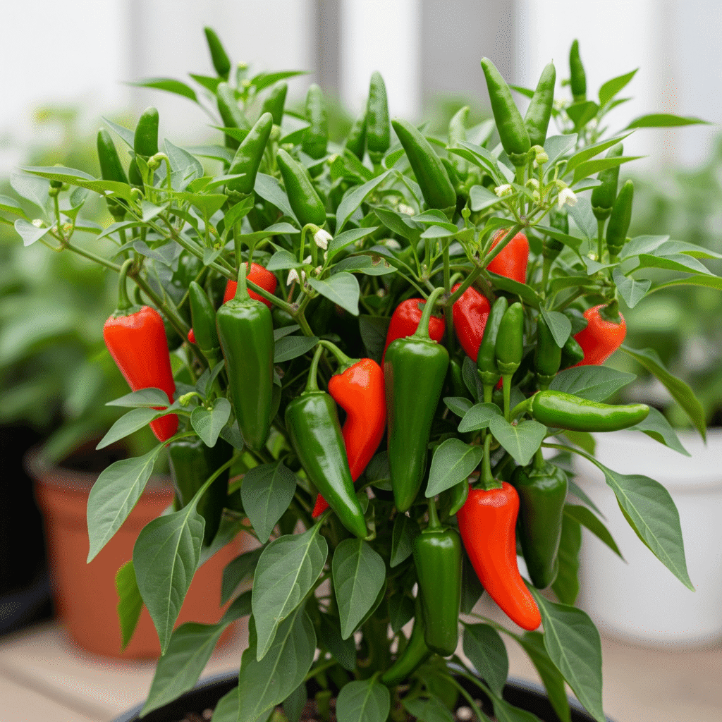Os frutos delgados e brilhantes da pimenta serrano apresentam diferentes estágios de maturação, com cores que variam do verde ao vermelho e laranja.